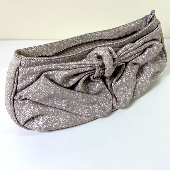 Judith Ripka Clutch Purse Large Bow Textured Leather Warm Gray Taupe Stones - Picture 1 of 16